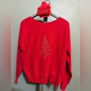 Adrienne Vittadini Red Crewneck Sweater with Jeweled Tree, hair clips